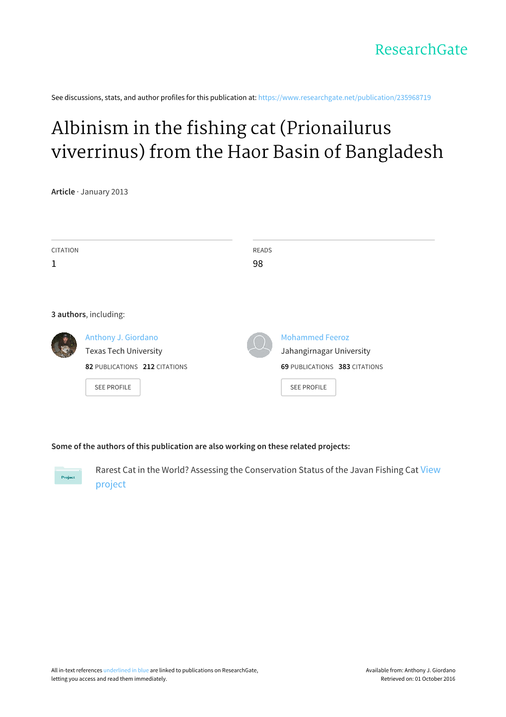 Albinism in the Fishing Cat (Prionailurus Viverrinus) from the Haor Basin of Bangladesh