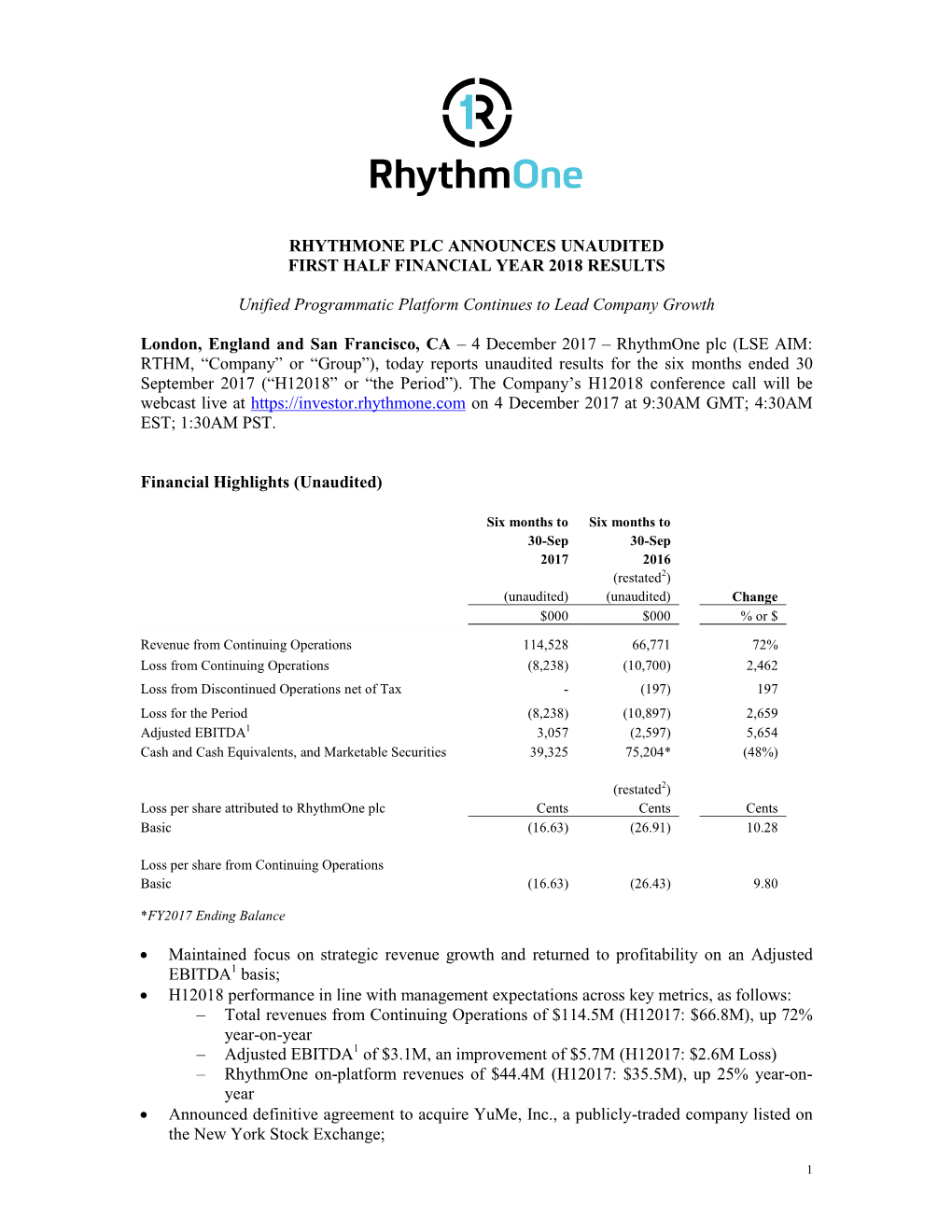 Rhythmone Plc Announces Unaudited First Half Financial Year 2018 Results