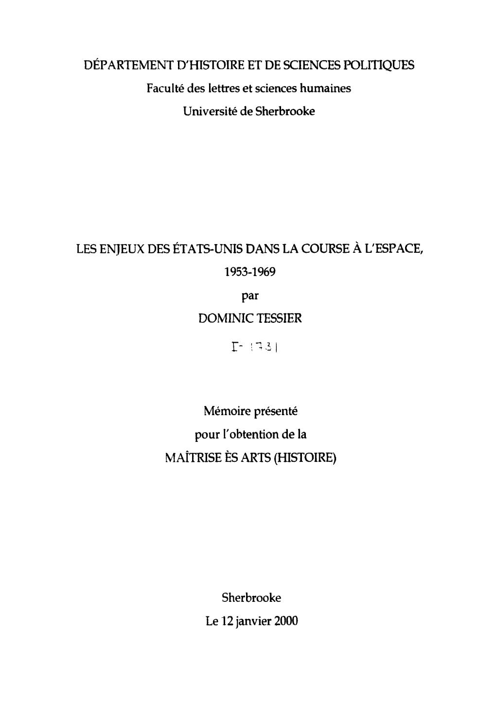 RTEMENT D'histoire ET DE SCIENCES POLITIQUES Faculté Des Lettres Et Sciences Humaines Université De Sherbrooke