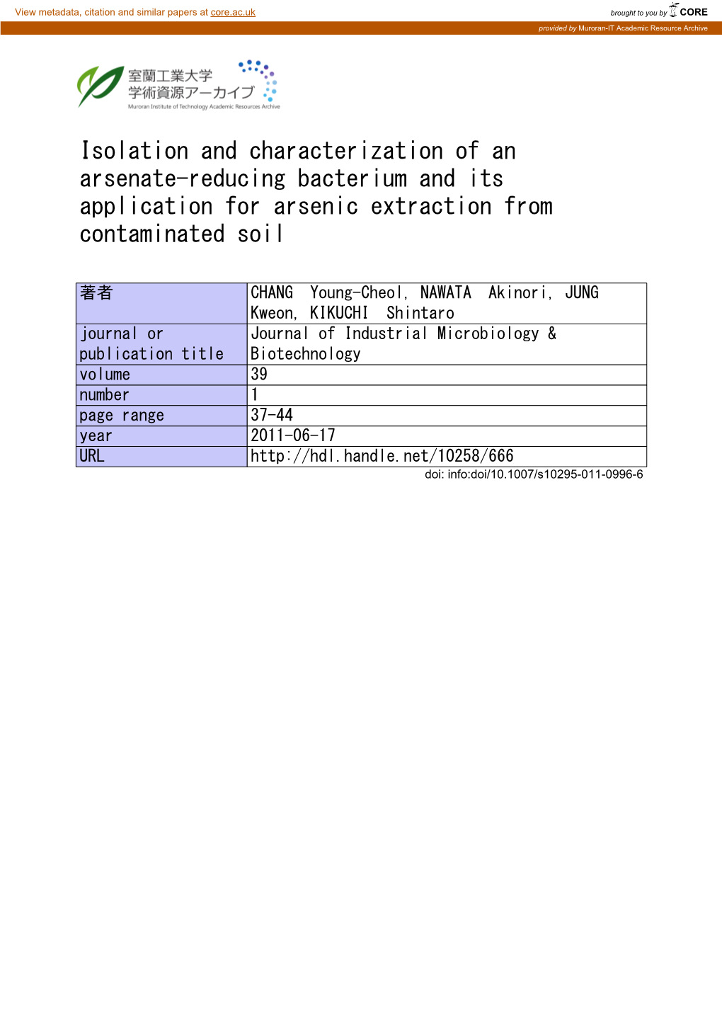 Isolation and Characterization of an Arsenate-Reducing Bacterium and Its Application for Arsenic Extraction from Contaminated Soil