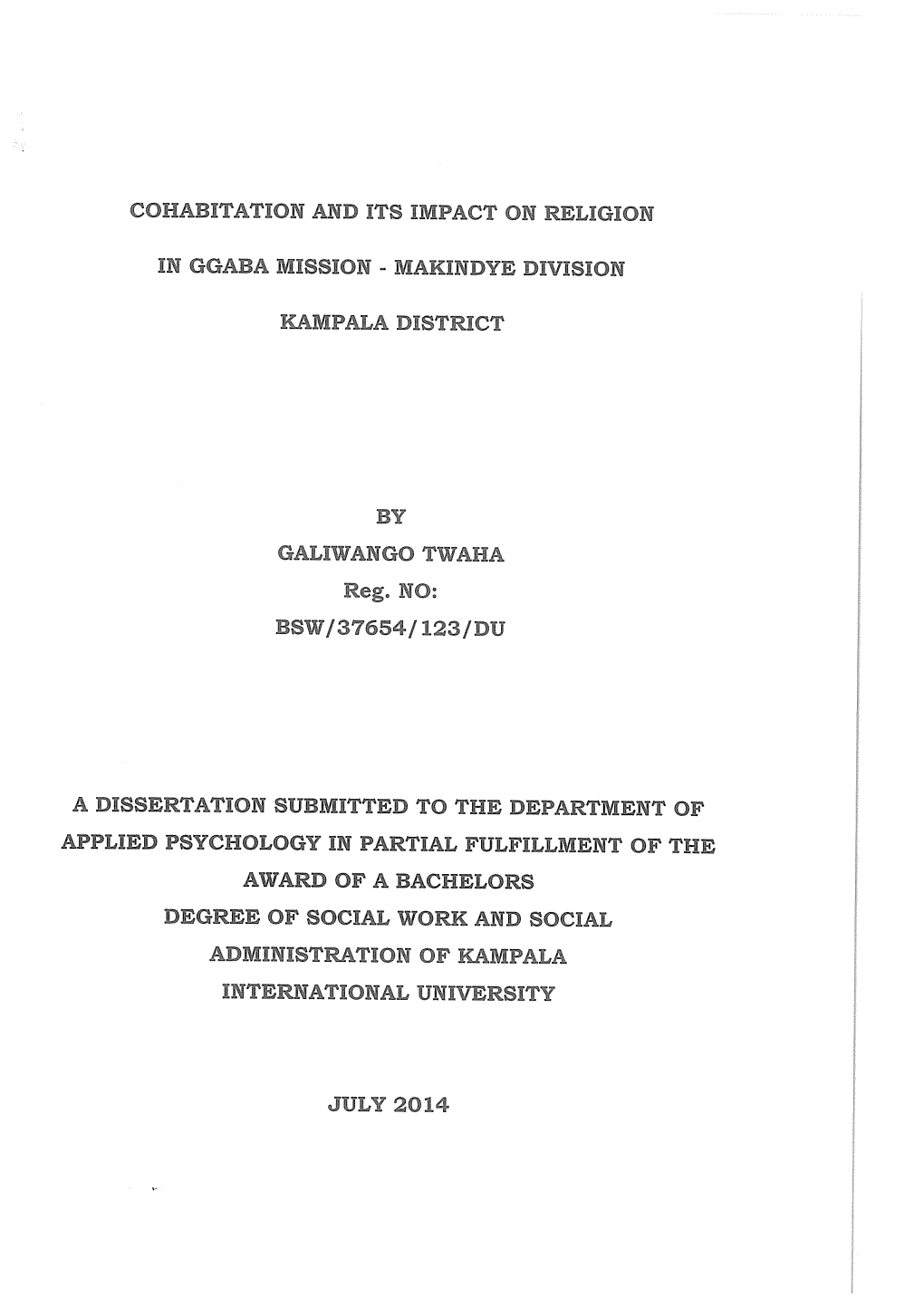 Cohabitation and Its Impact on Religion in Ggaba Mission-Makindye Division; Kampala District