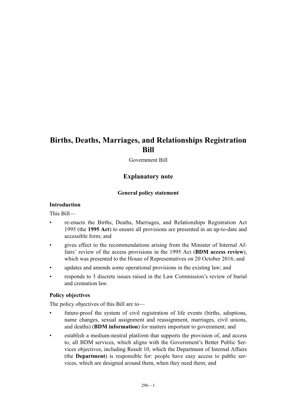 Births, Deaths, Marriages, and Relationships Registration Bill Government Bill
