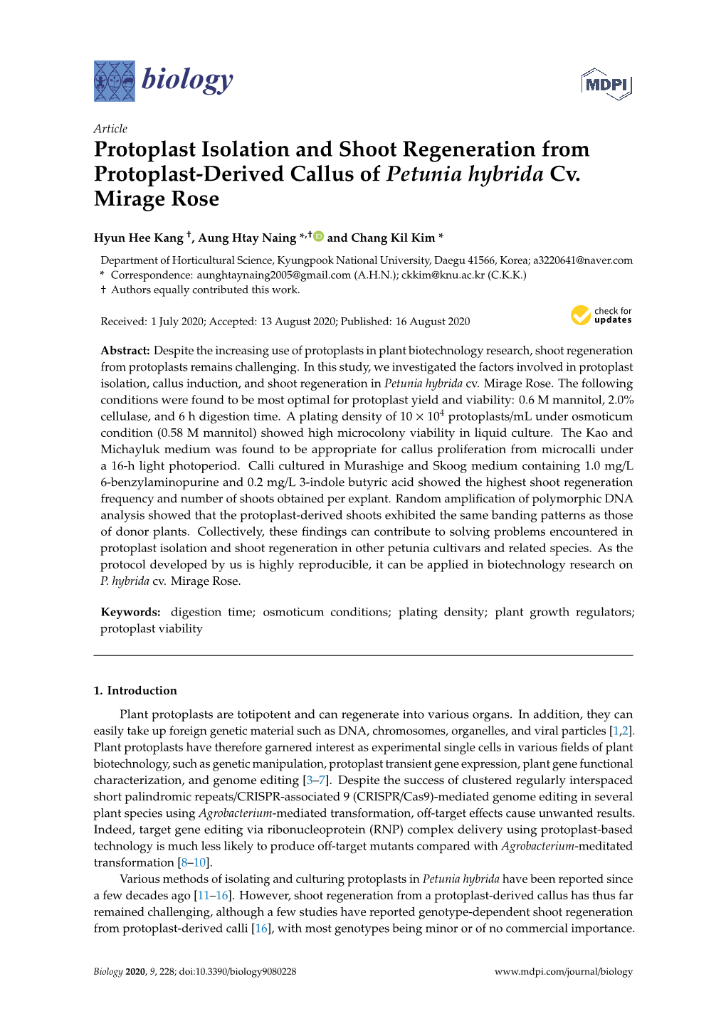 Protoplast Isolation and Shoot Regeneration from Protoplast-Derived Callus of Petunia Hybrida Cv