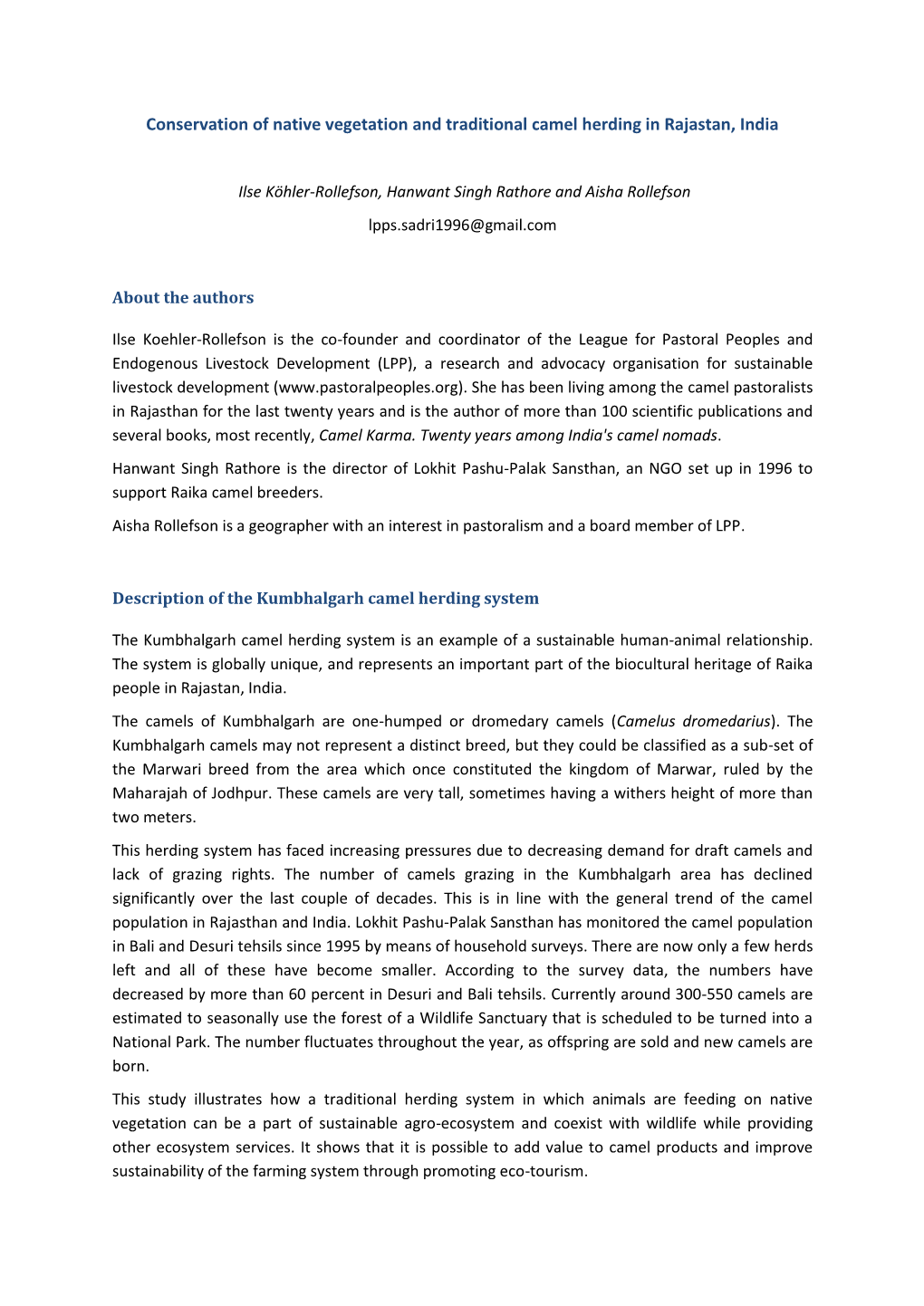 Conservation of Native Vegetation and Traditional Camel Herding in Rajastan, India