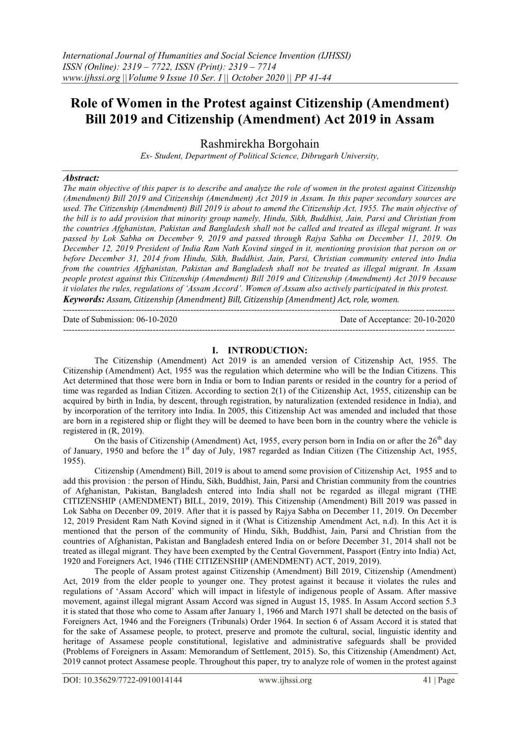 Role of Women in the Protest Against Citizenship (Amendment) Bill 2019 and Citizenship (Amendment) Act 2019 in Assam