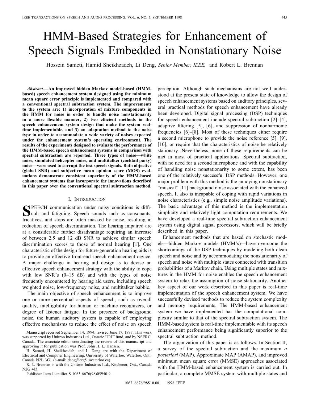 HMM-Based Strategies for Enhancement of Speech Signals Embedded in Nonstationary Noise