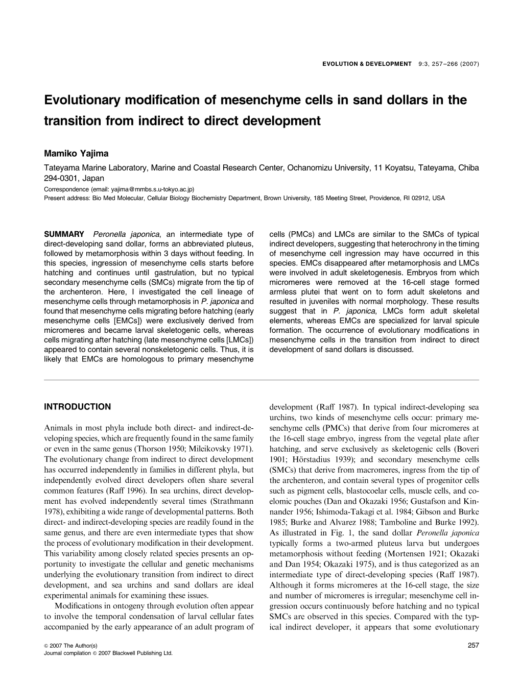 Evolutionary Modification of Mesenchyme Cells in Sand Dollars in the Transition from Indirect to Direct Development