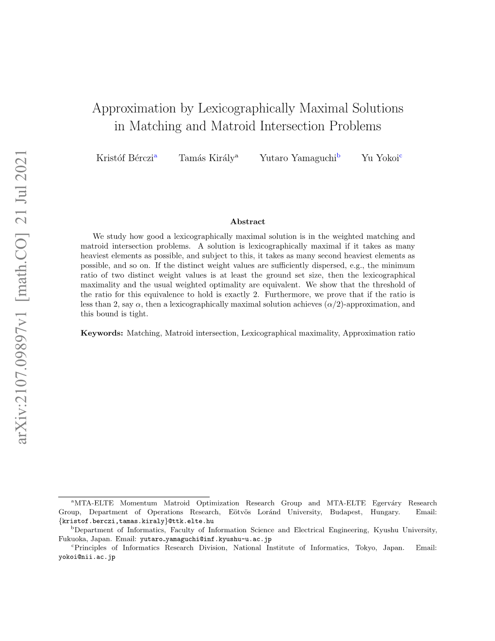 Approximation by Lexicographically Maximal Solutions in Matching And