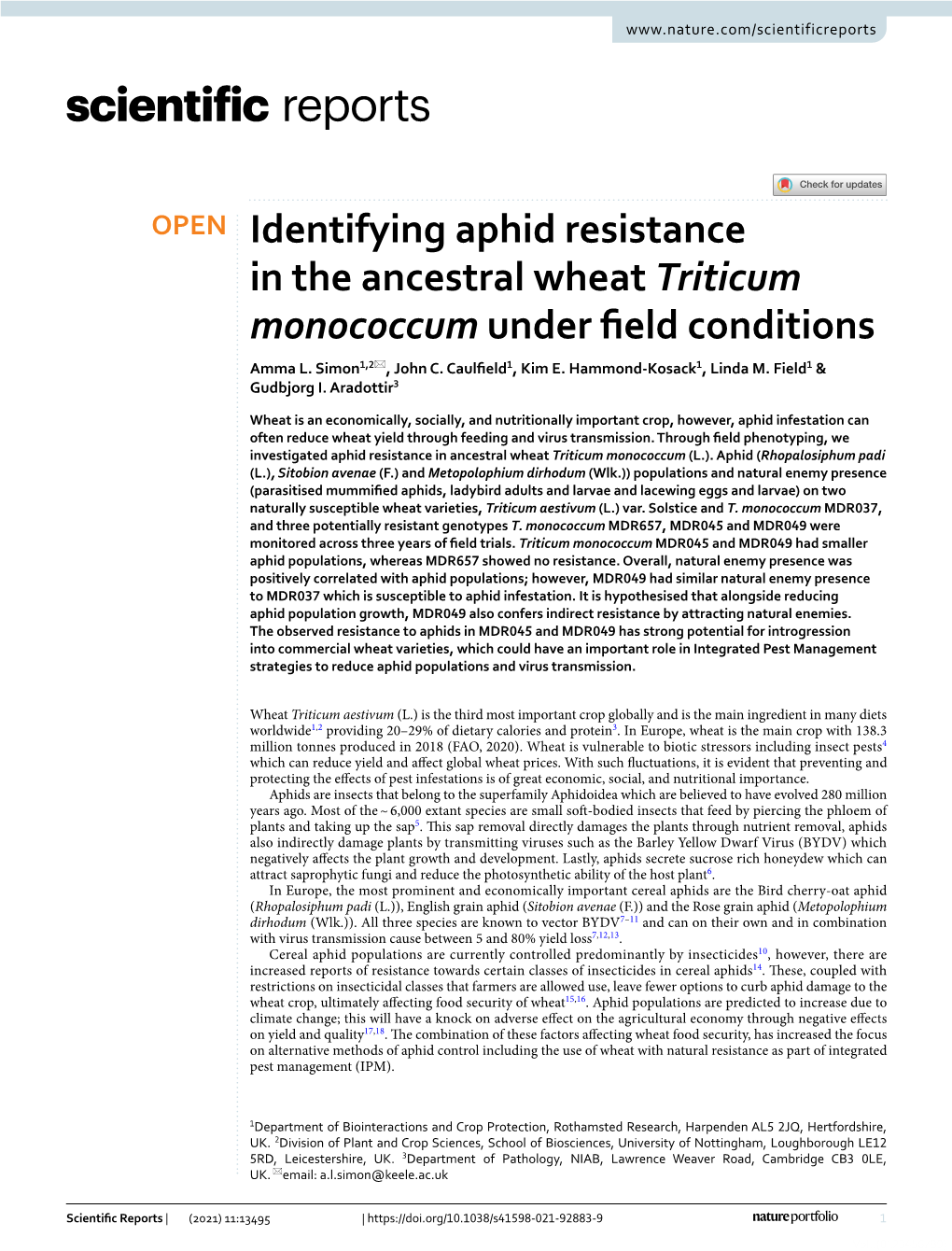 Identifying Aphid Resistance in the Ancestral Wheat Triticum Monococcum Under Feld Conditions Amma L