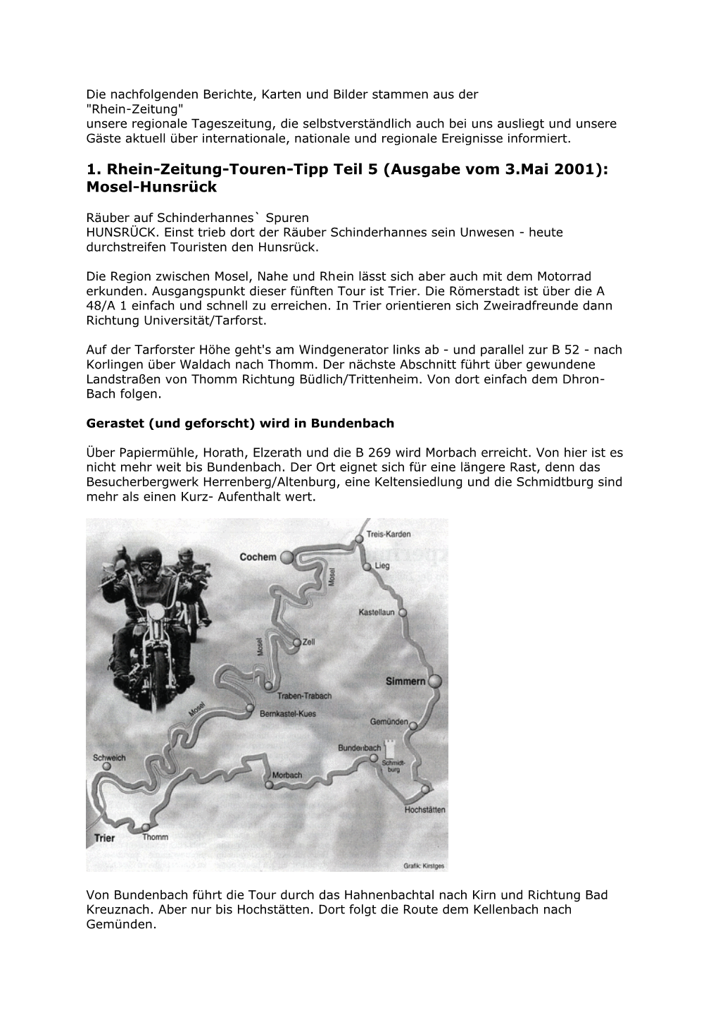 1. Rhein-Zeitung-Touren-Tipp Teil 5 (Ausgabe Vom 3.Mai 2001): Mosel-Hunsrück