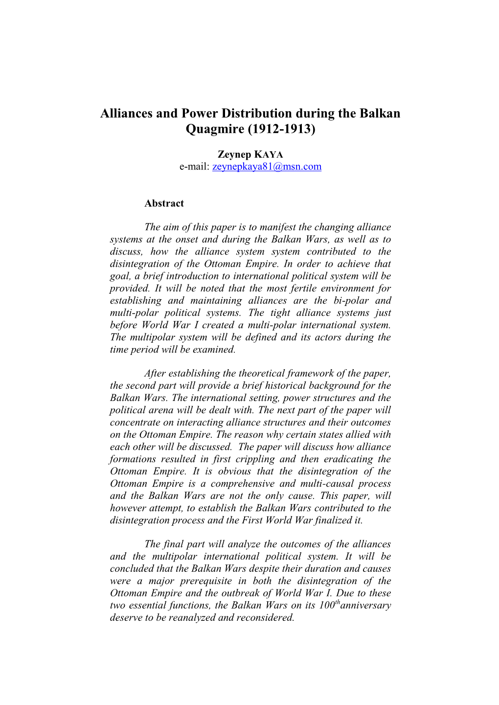 Alliances and Power Distribution During the Balkan Quagmire (1912-1913)