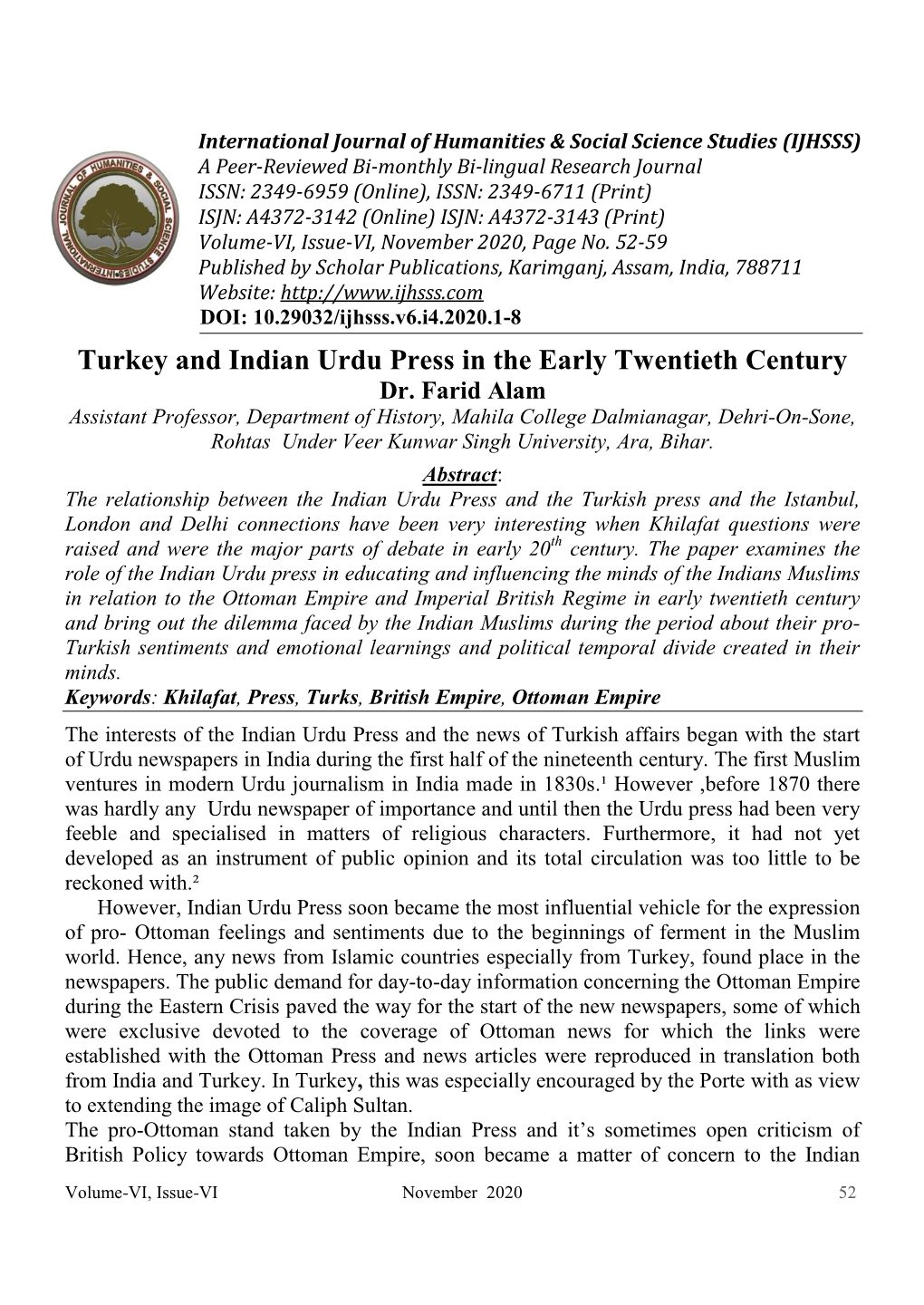 Turkey and Indian Urdu Press in the Early Twentieth Century Dr