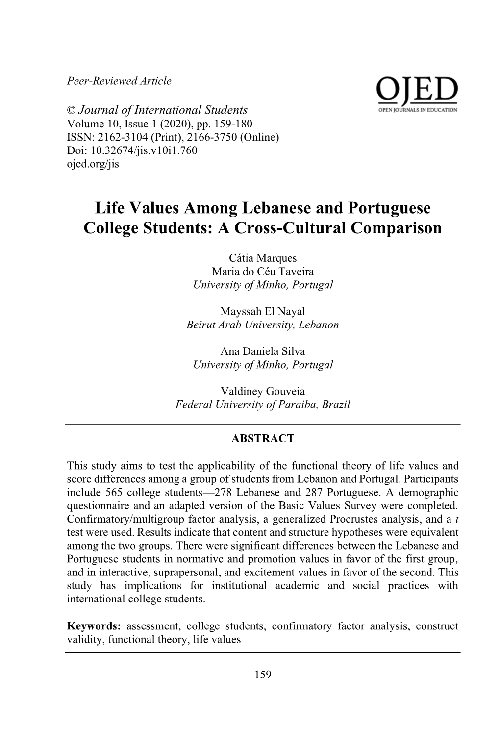 Life Values Among Lebanese and Portuguese College Students: a Cross-Cultural Comparison