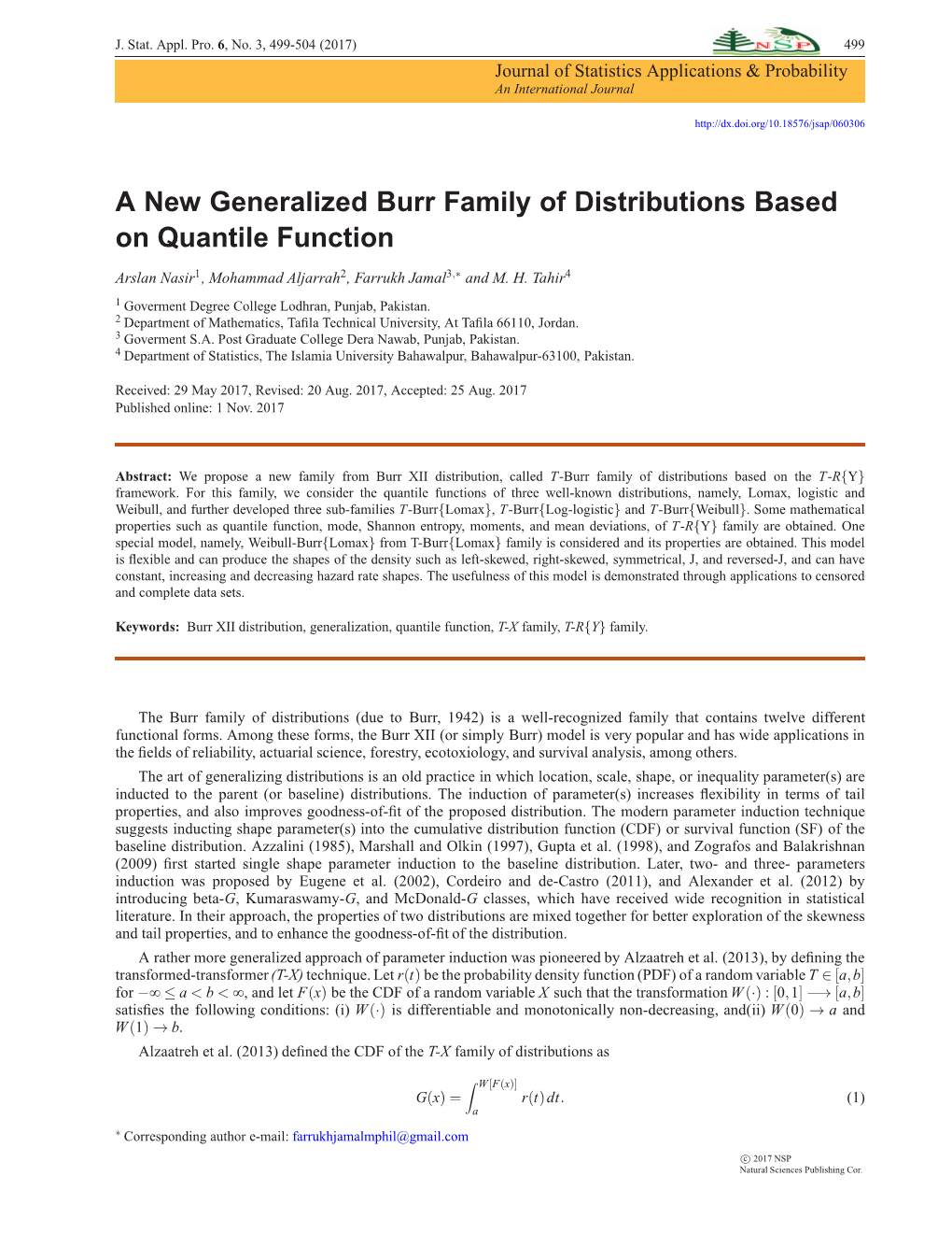 A New Generalized Burr Family of Distributions Based on Quantile Function -.:: Natural Sciences Publishing