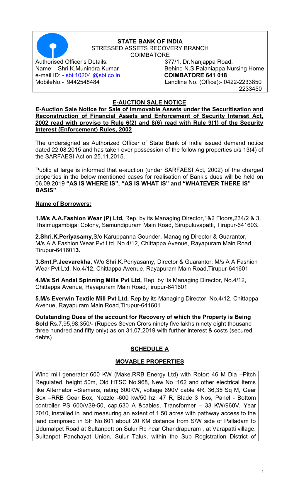 E-AUCTION SALE NOTICE E-Auction Sale Notice for Sale