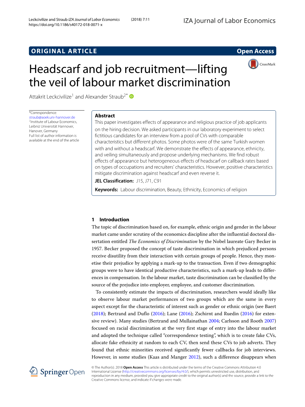 Headscarf and Job Recruitment—Lifting the Veil of Labour Market Discrimination Attakrit Leckcivilize1 and Alexander Straub2*