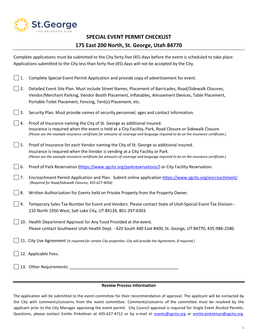 SPECIAL EVENT PERMIT CHECKLIST 175 East 200 North, St