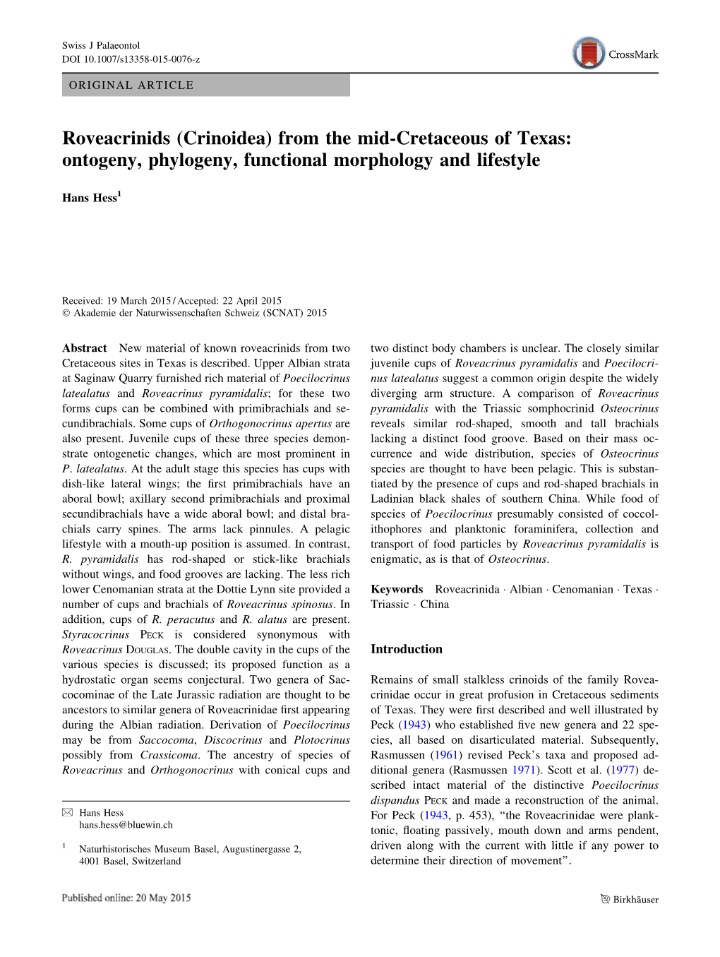 Roveacrinids (Crinoidea) from the Mid-Cretaceous of Texas: Ontogeny, Phylogeny, Functional Morphology and Lifestyle