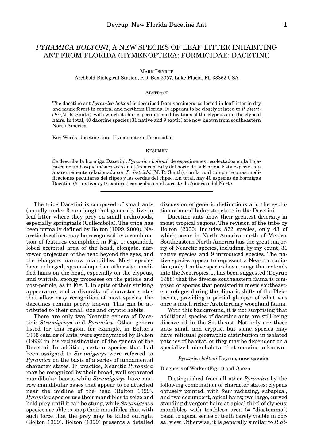 Pyramica Boltoni, a New Species of Leaf-Litter Inhabiting Ant from Florida (Hymenoptera: Formicidae: Dacetini)