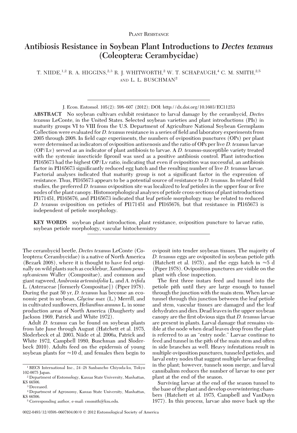 Antibiosis Resistance in Soybean Plant Introductions to Dectes Texanus (Coleoptera: Cerambycidae)