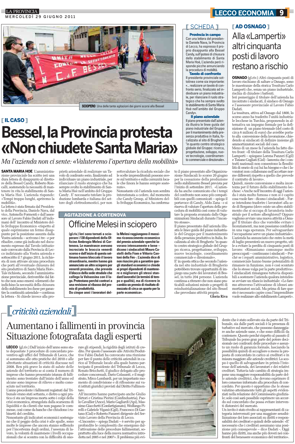Bessel,La Provincia Protesta «Non Chiudete Santa Maria»