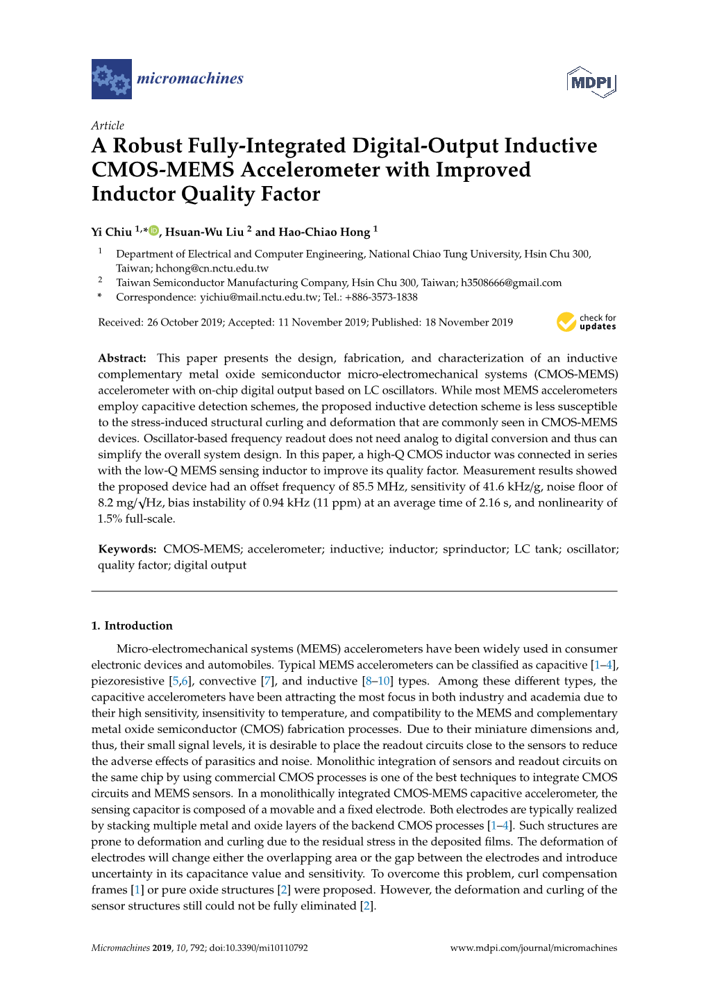 A Robust Fully-Integrated Digital-Output Inductive CMOS-MEMS Accelerometer with Improved Inductor Quality Factor