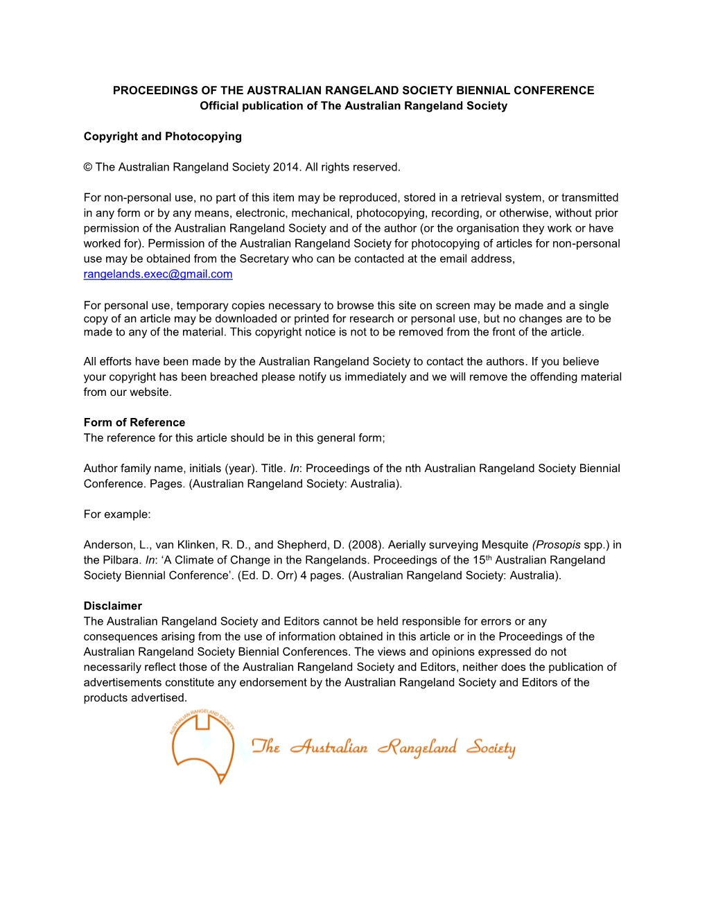 PROCEEDINGS of the AUSTRALIAN RANGELAND SOCIETY BIENNIAL CONFERENCE Official Publication of the Australian Rangeland Society