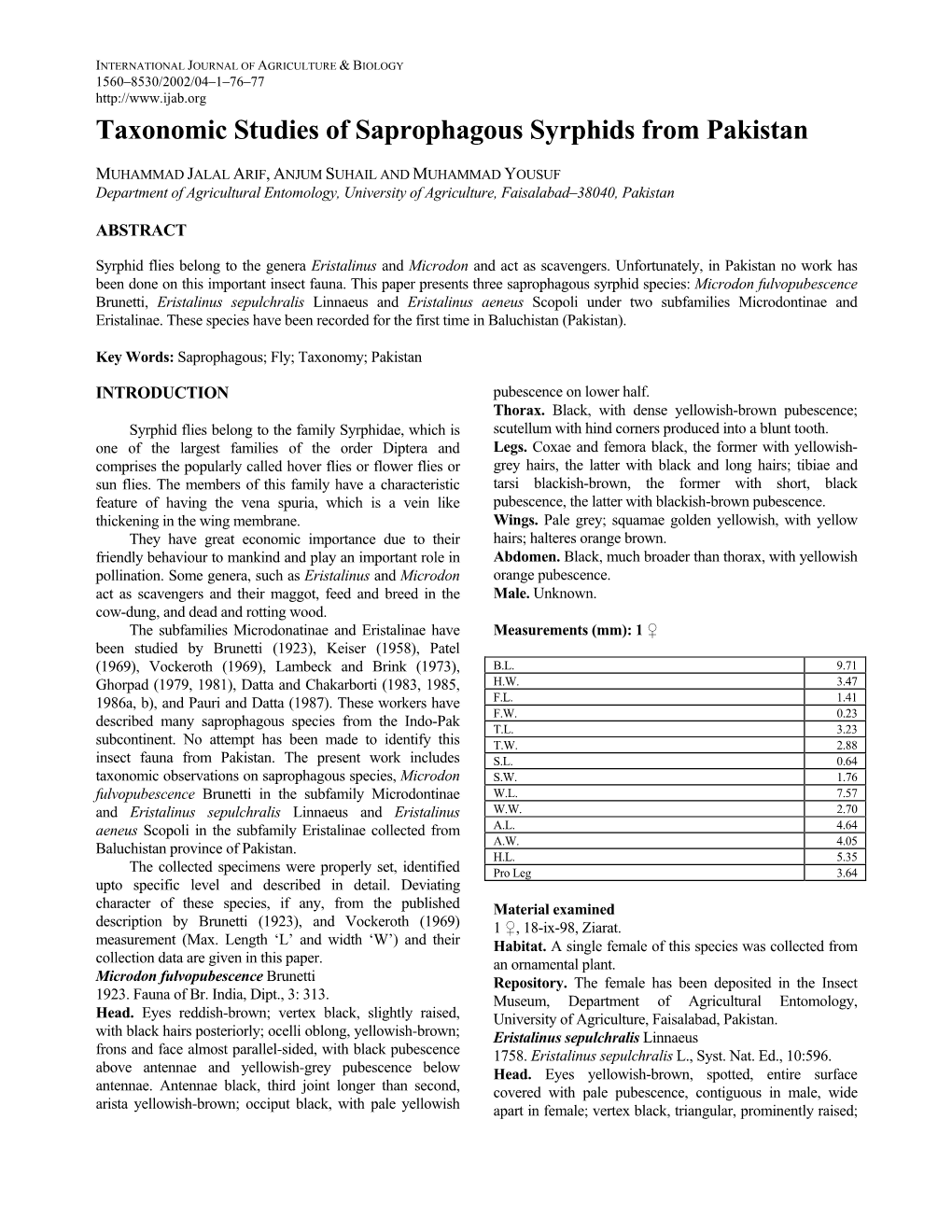 Taxonomic Studies of Saprophagous Syrphids from Pakistan