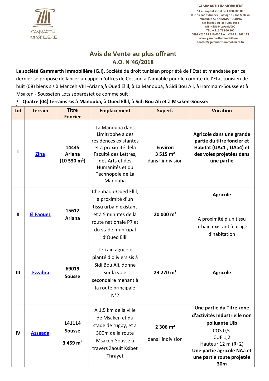 Appel D'offres N° 46/2018 Fr