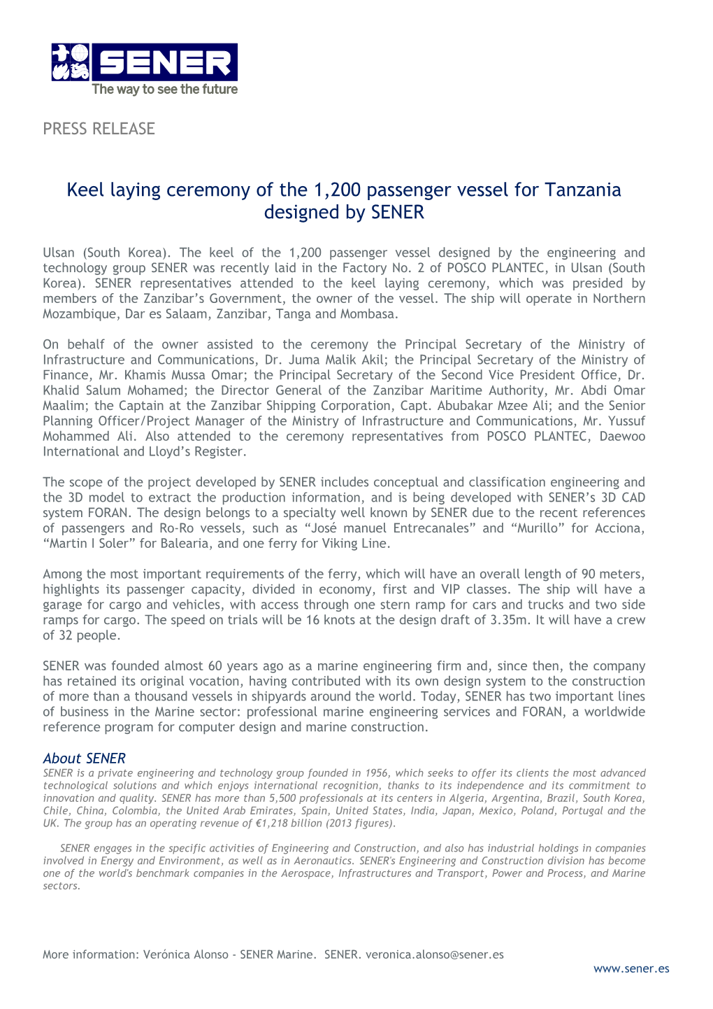 Keel Laying Ceremony of the 1,200 Passenger Vessel for Tanzania Designed by SENER