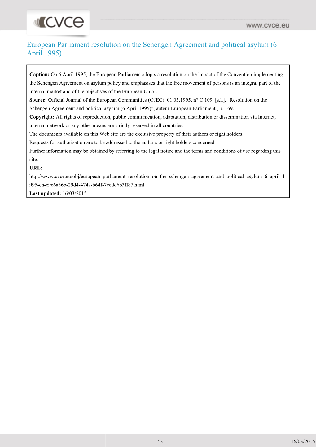 European Parliament Resolution on the Schengen Agreement and Political Asylum (6 April 1995)