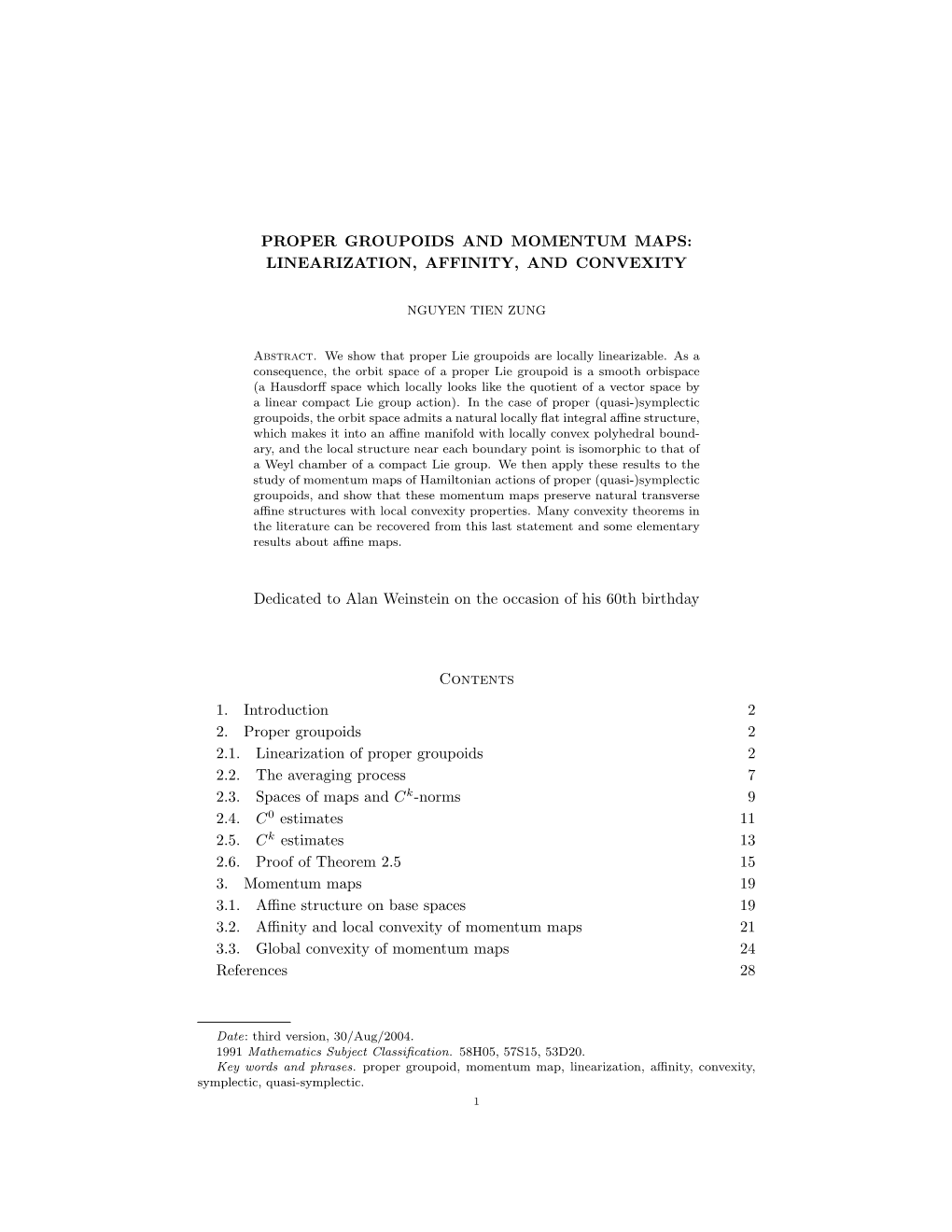 Proper Groupoids and Momentum Maps: Linearization, Affinity, and Convexity