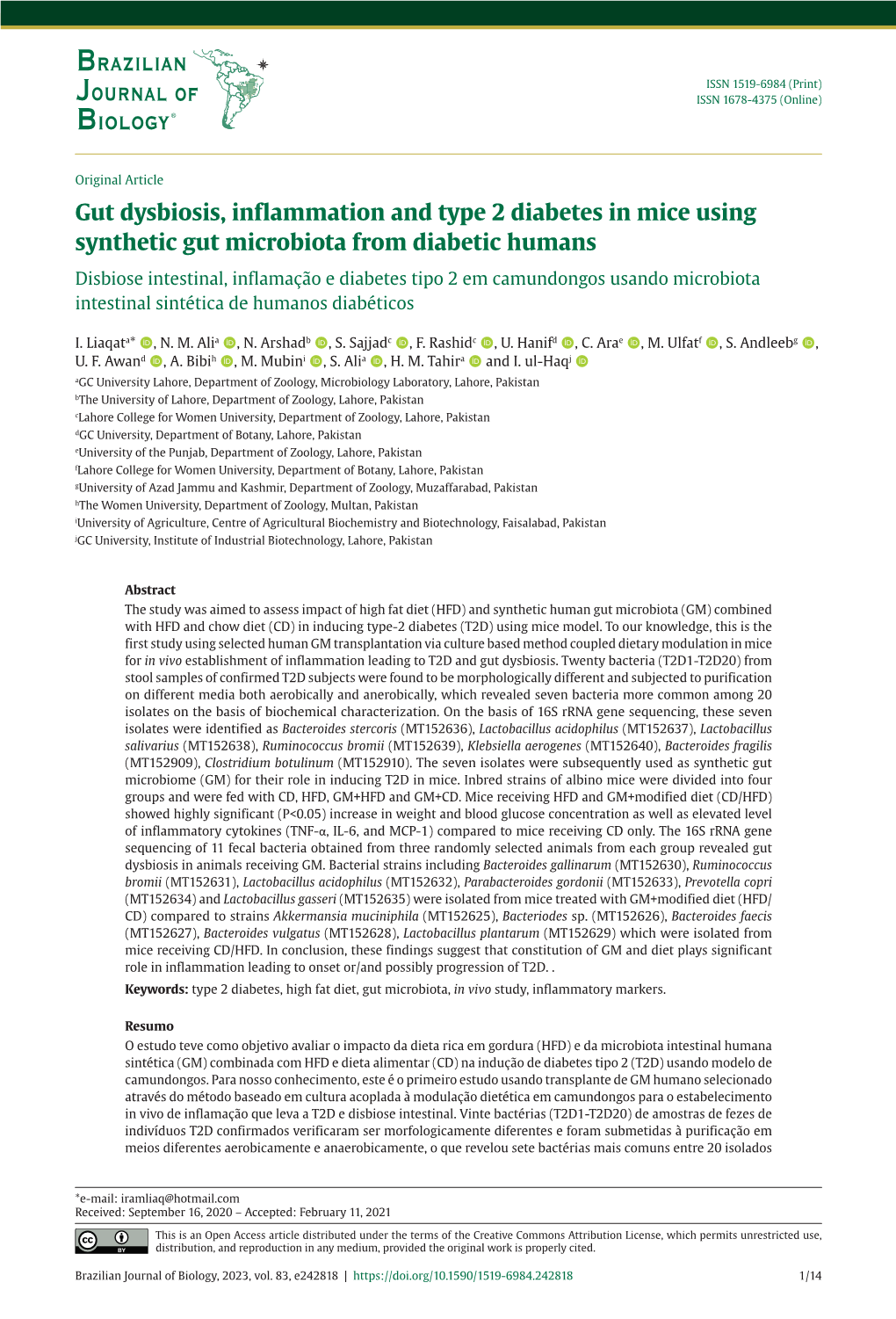 Gut Dysbiosis, Inflammation and Type 2 Diabetes in Mice Using