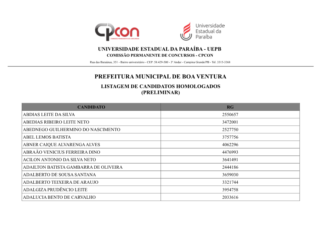 Prefeitura Municipal De Boa Ventura Listagem De Candidatos Homologados (Preliminar)