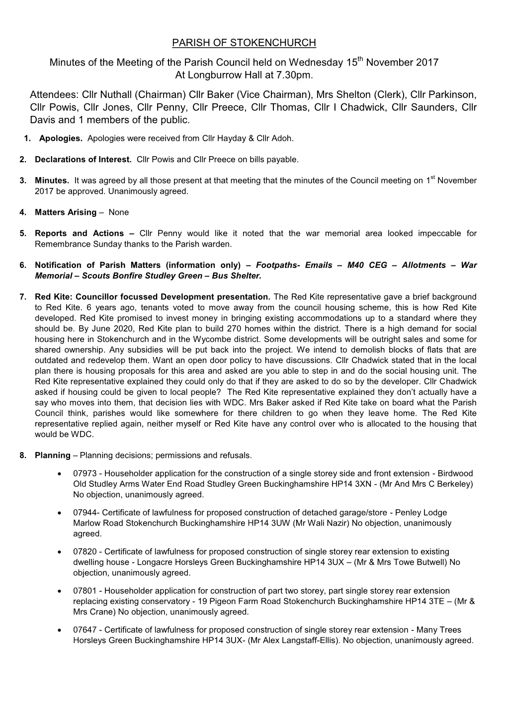PARISH of STOKENCHURCH Minutes of the Meeting of the Parish Council Held on Wednesday 15Th November 2017 at Longburrow Hall at 7.30Pm