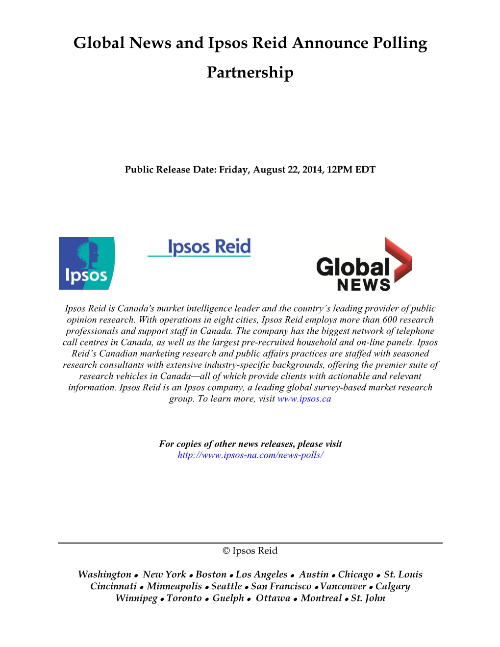 Global News and Ipsos Reid Announce Polling Partnership