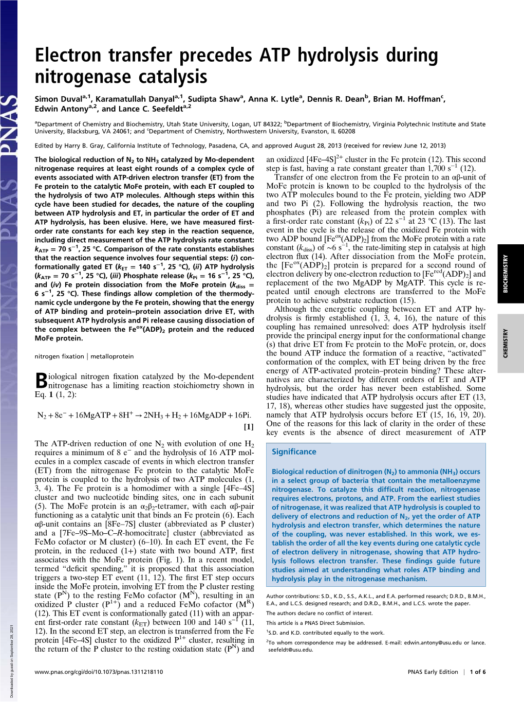 Electron Transfer Precedes ATP Hydrolysis During Nitrogenase Catalysis