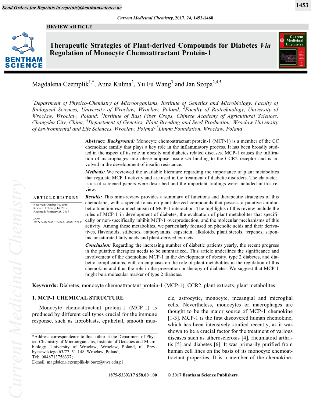 Current Medicinal Chemistry, 2017, 24, 1453-1468