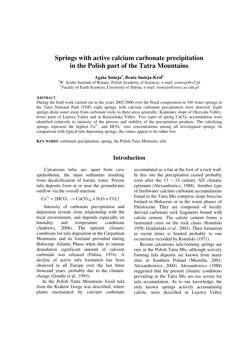 Springs with Active Calcium Carbonate Precipitation in the Polish Part of the Tatra Mountains