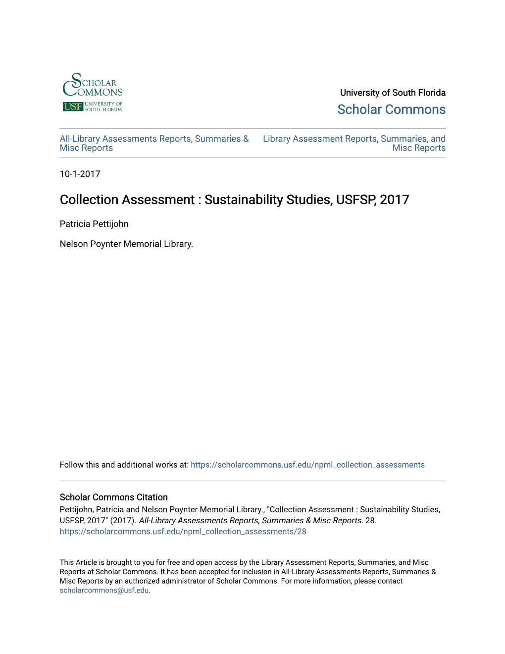 Collection Assessment : Sustainability Studies, USFSP, 2017