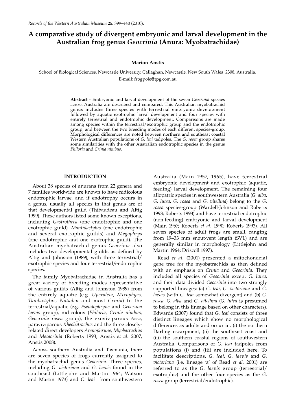 A Comparative Study of Divergent Embryonic and Larval Development in the Australian Frog Genus Geocrinia (Anura: Myobatrachidae)