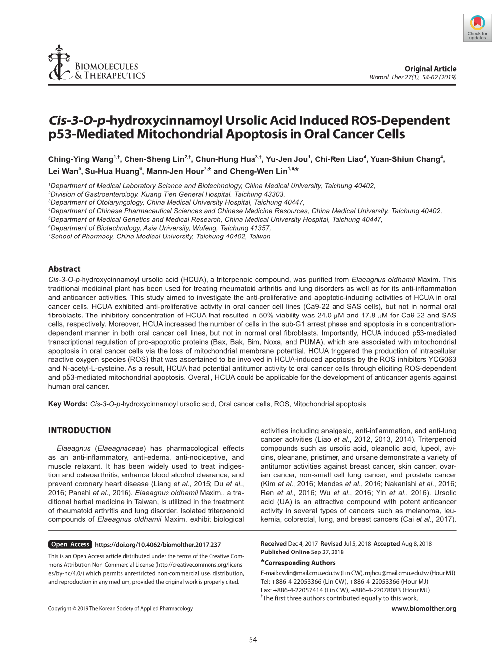 Cis-3-O-P-Hydroxycinnamoyl Ursolic Acid Induced ROS-Dependent P53-Mediated Mitochondrial Apoptosis in Oral Cancer Cells