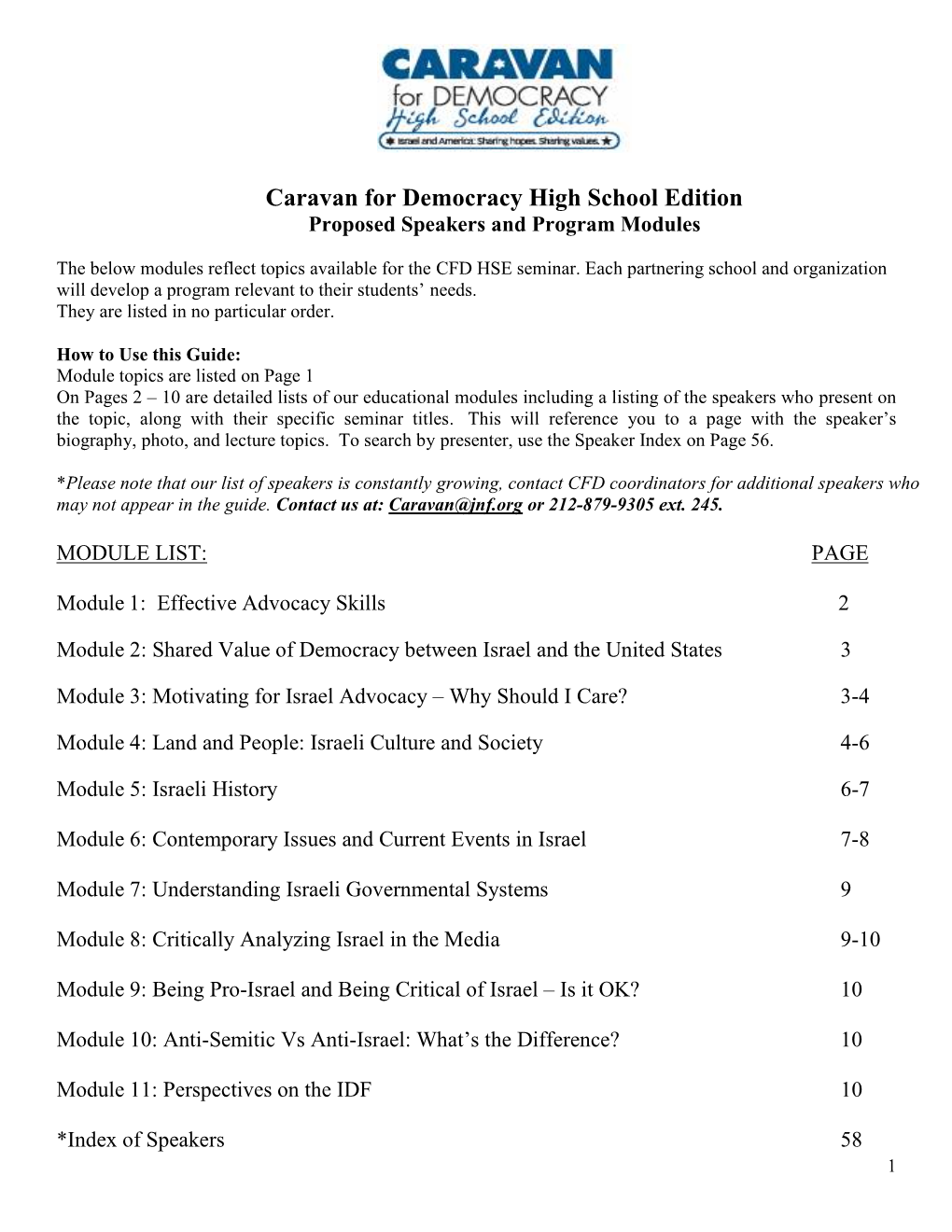 Caravan for Democracy High School Edition Proposed Speakers and Program Modules