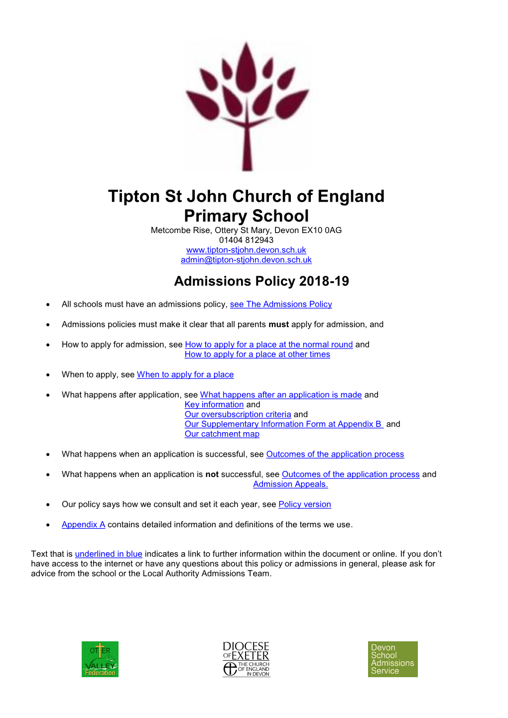 Tipton St John Church of England Primary School Faith Supplementary Information Form 2018-19