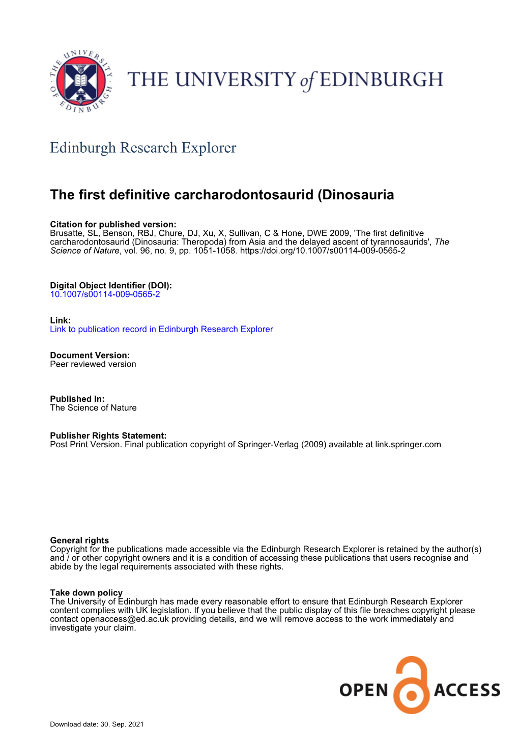 The First Definitive Carcharodontosaurid (Dinosauria