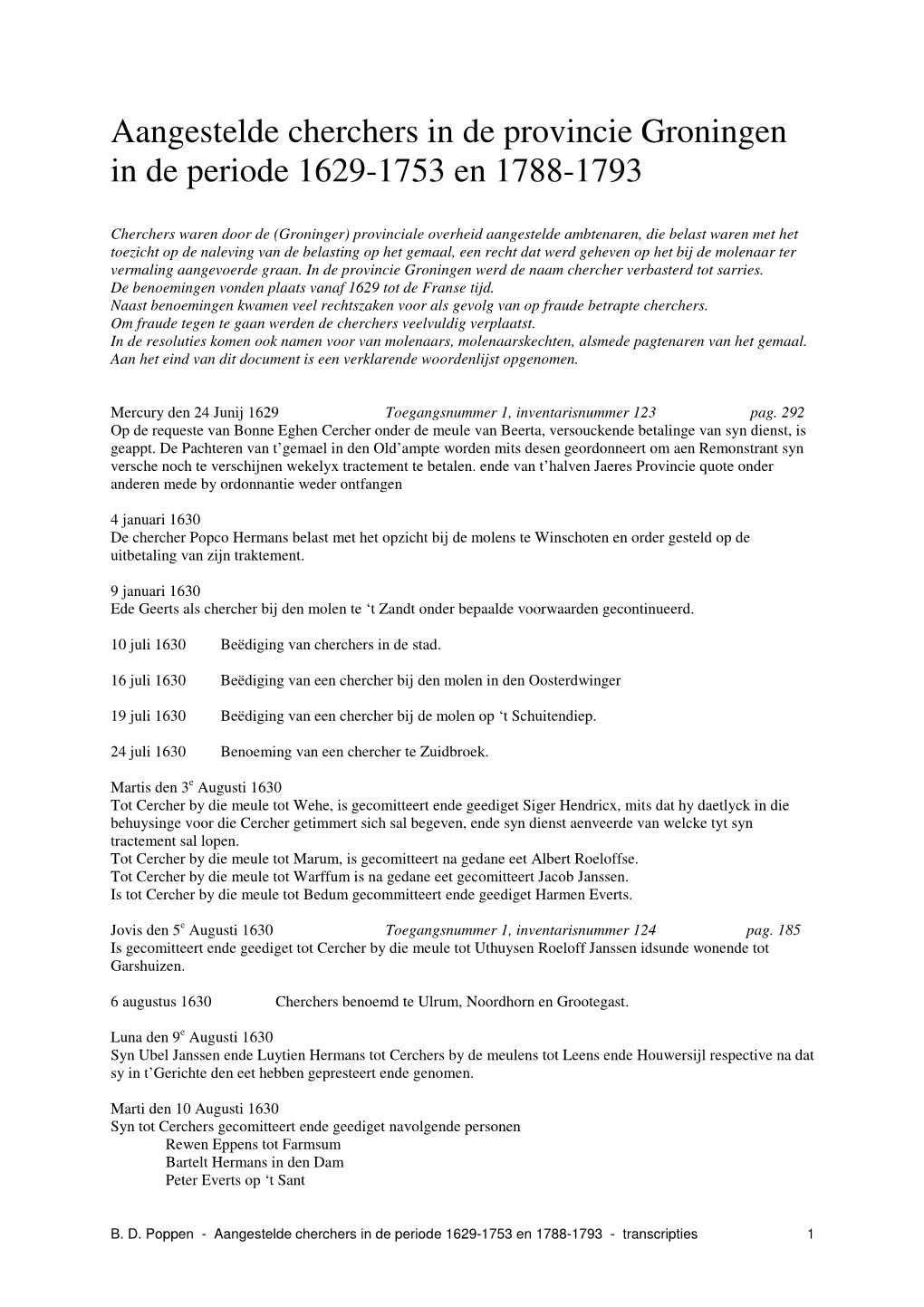 Aangestelde Cherchers in De Provincie Groningen in De Periode 1629-1753 En 1788-1793