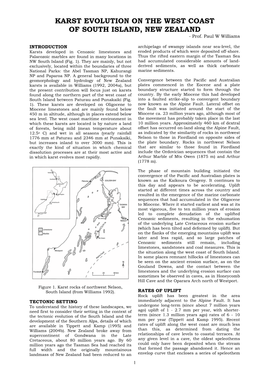 KARST EVOLUTION on the WEST COAST of SOUTH ISLAND, NEW ZEALAND - Prof