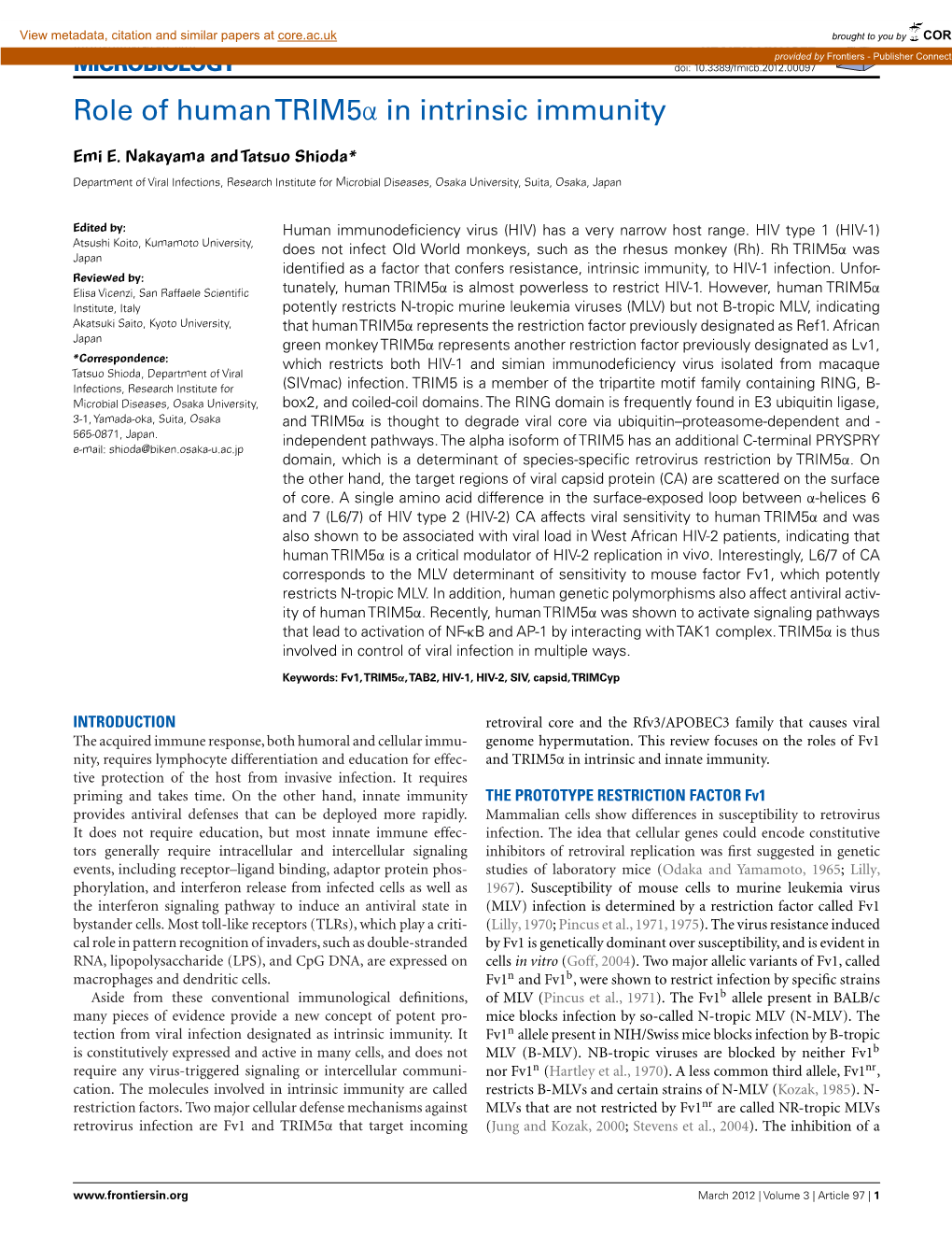 Role of Human Trim5α in Intrinsic Immunity