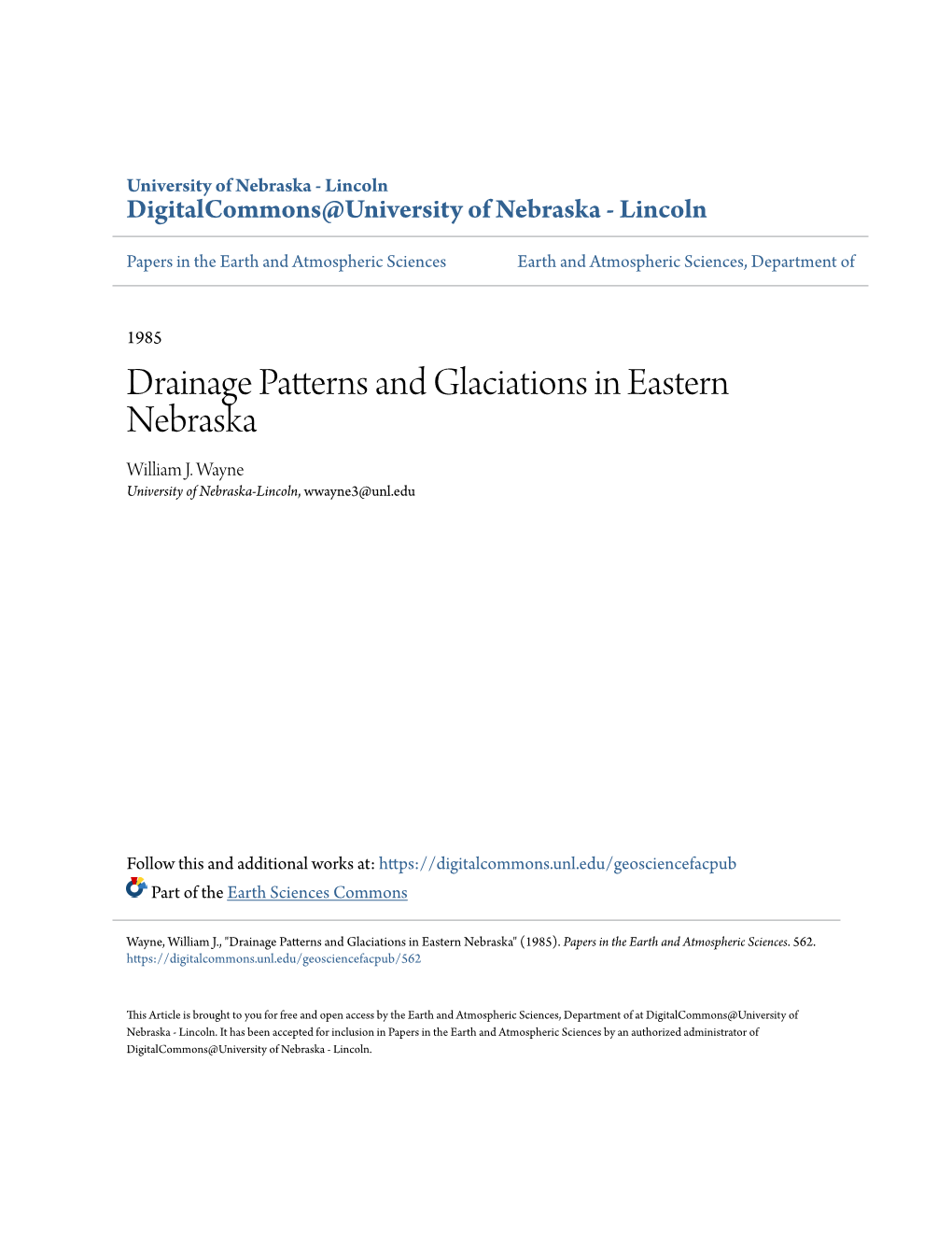 Drainage Patterns and Glaciations in Eastern Nebraska William J