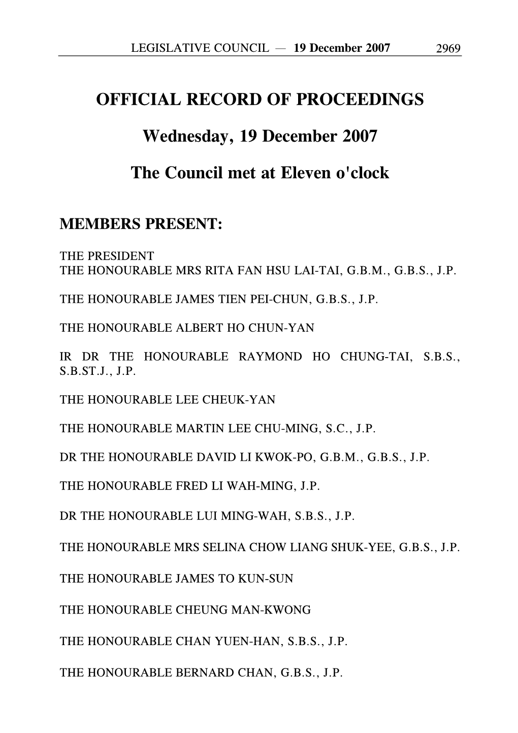 OFFICIAL RECORD of PROCEEDINGS Wednesday, 19